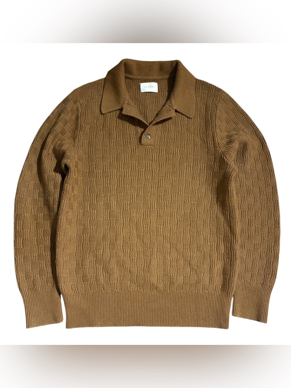 Aime Leon Dore Basketweave Wool Knit Collared Long Sleeve Sweater Caramel
